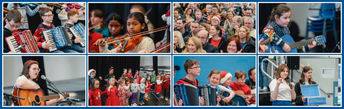 A lively group of adults and children enjoying a ceilidh dance in a bright hall, full of energy and joy.
