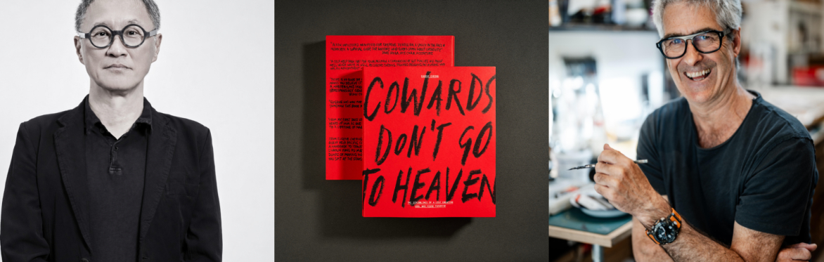 Banner with black-and-white portrait of Eugene Cheong, red cover of Cowards Don’t Go to Heaven, and portrait of illustrator Simon Spilsbury holding a pen.