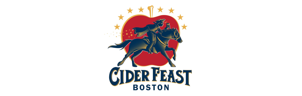 A horse and rider holding a glass of cider with CIDERFEAST BOSTON under the duo