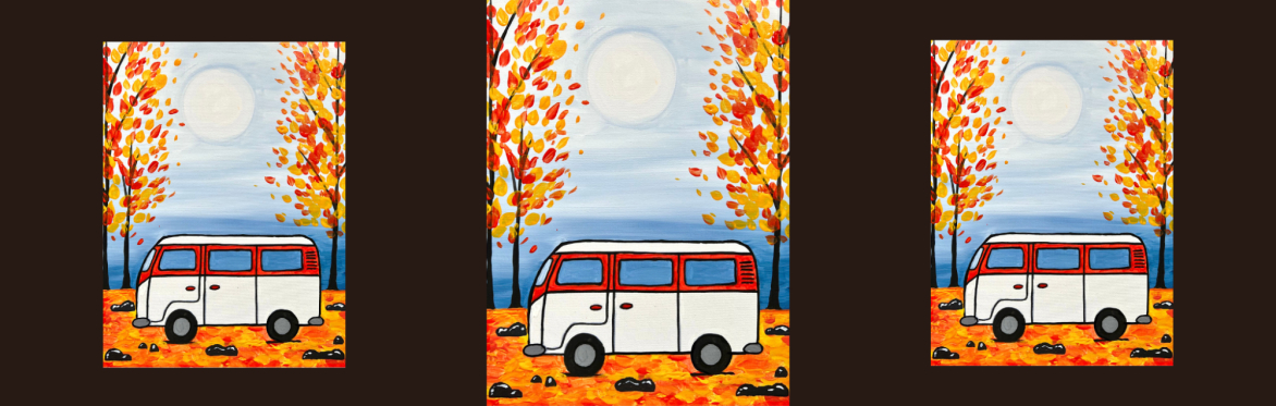 3 repeats of same image of a white and red van sits on autumn ground surrounded by golden and orange trees, with a bright full moon glowing in the sky above.