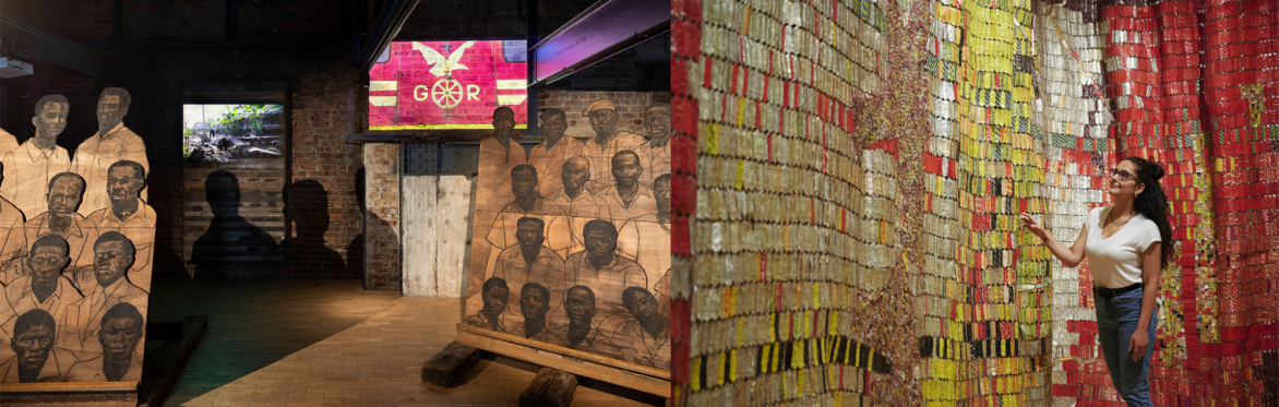 To the left of the image is the installtion of artwork by Ibrahim Mahama in Frutimarket's dark brick lined warehouse space. And to the right and image of a woman standing next to artwork by El Anatsui