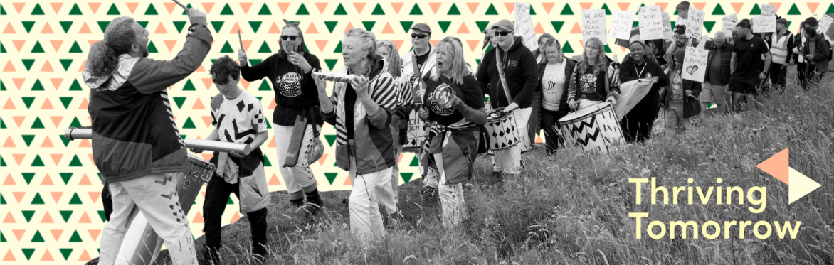 A cut out black and white image of people marching through a field with instruments.