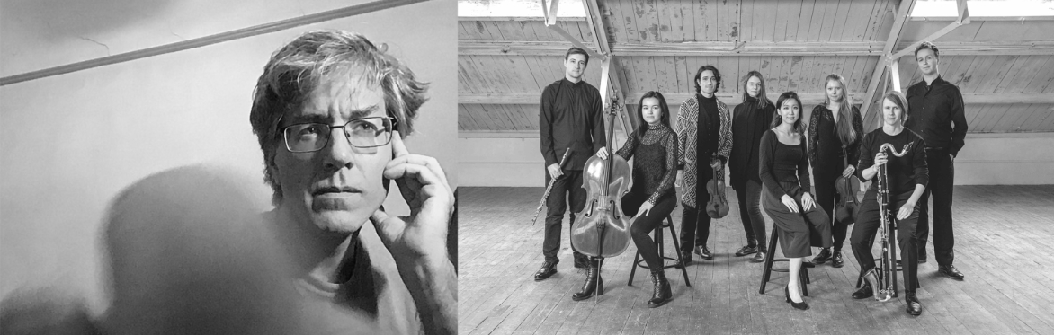 A black and white image of musicain Wobbly and Explore Ensemble