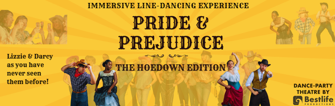 Four actors dressed in 1930s Wild West outfits and members of public line dancing and drinking with friends.