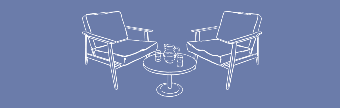 White pencil illustration of two empty mid-century style armchairs arranged around a coffee table, with two glasses of water and a jug on it.