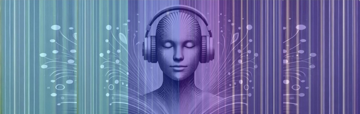a figure with headphones with a green, blue, indigo spectrum background