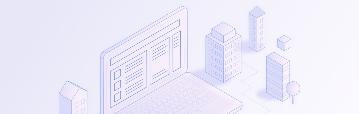 Isometric illustration of a city with a large laptop as a building.