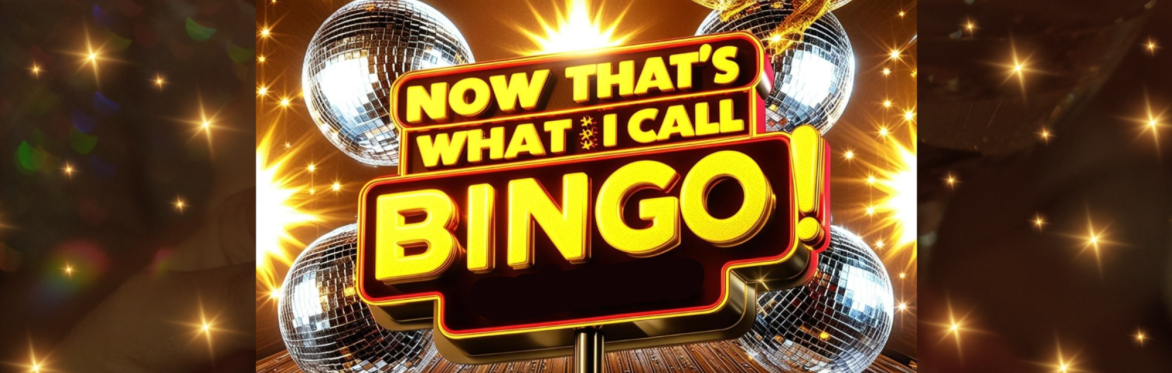 Sign with disco balls which says "Now that's what I call Bingo! 90's hits."