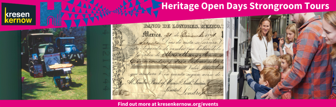 colour image montage of a money order from a Mexican bank, a colour slide of a large pasty at an event in Pachua, Mexico and a family group exploring the strongroom at Kresen Kernow