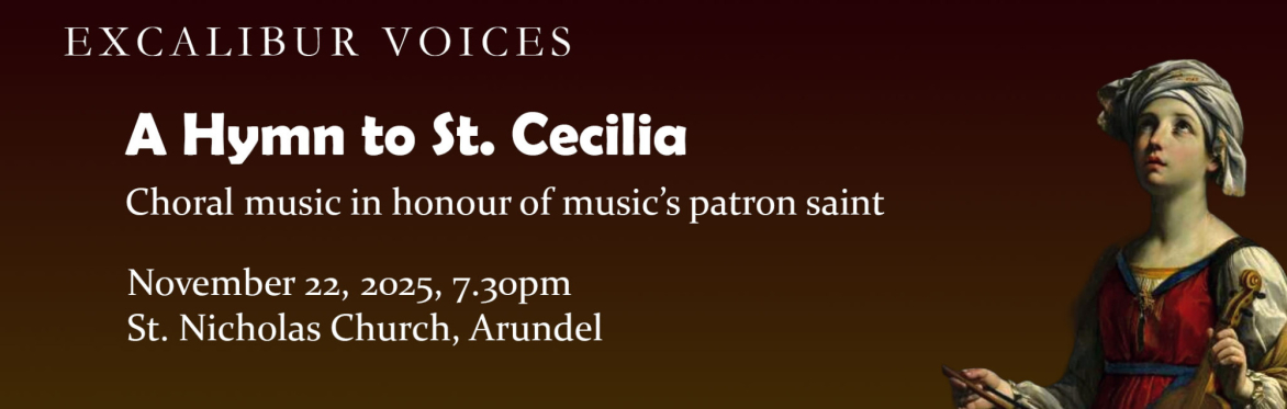 Small image of St. Cecilia carrying a violin with her eyes raised to heaven, along with text describing the event