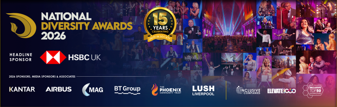 Image montage of various images from the National Diversity Awards, which is layered with the NDA, HSBC and 2025 Sponsor Logos