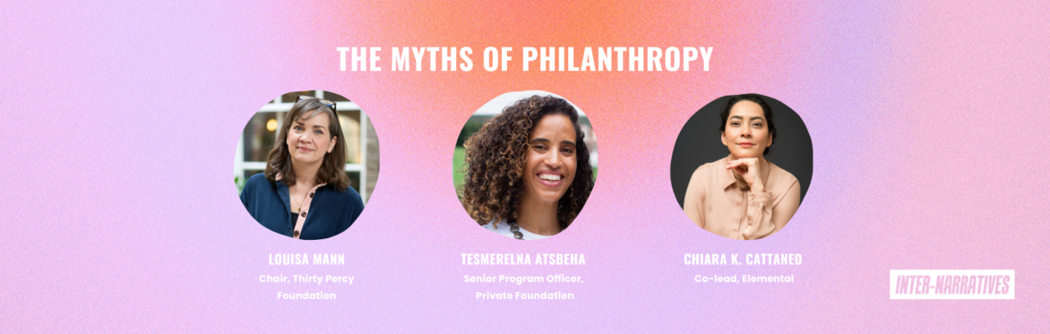 A graphic saying the myths of philanthropy and the pictures of three women speakers