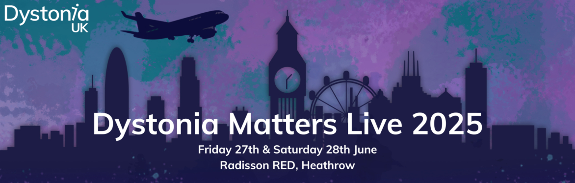 Background of a London skyline with text that says 'Dystonia Matters Live 2025' overlaying.