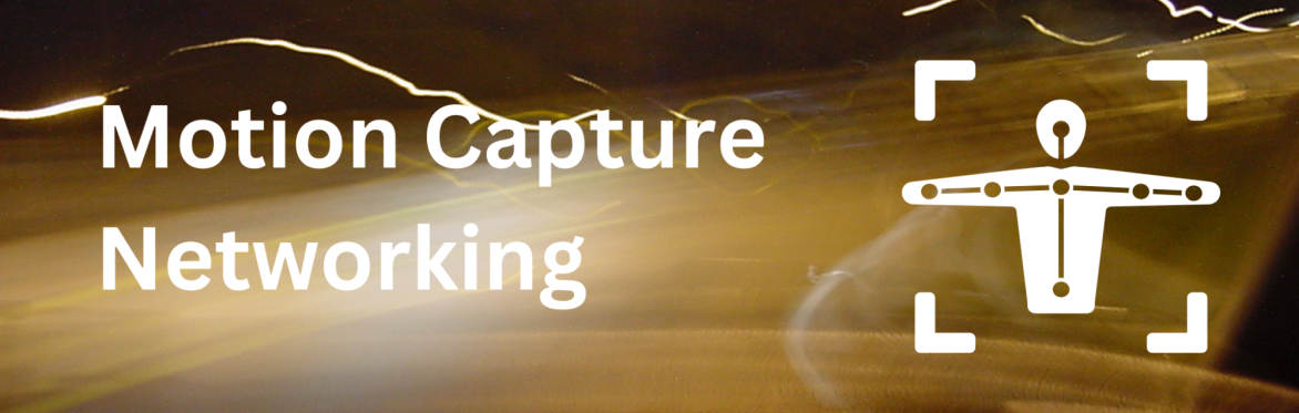 A white silhouette of a human on a brown background with the text 'Motion Capture Networking'