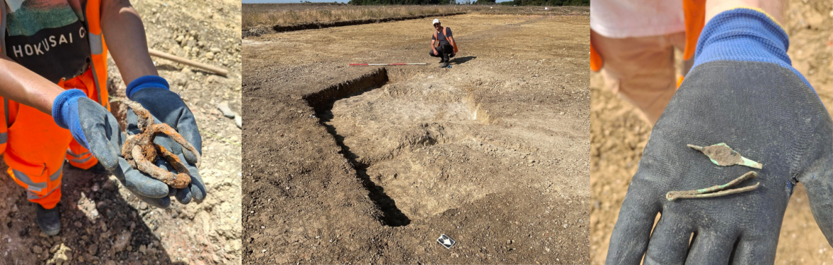 Two photographs of gloved hands holding archaeological finds, on either side of a photograph of an archaeological excavation site