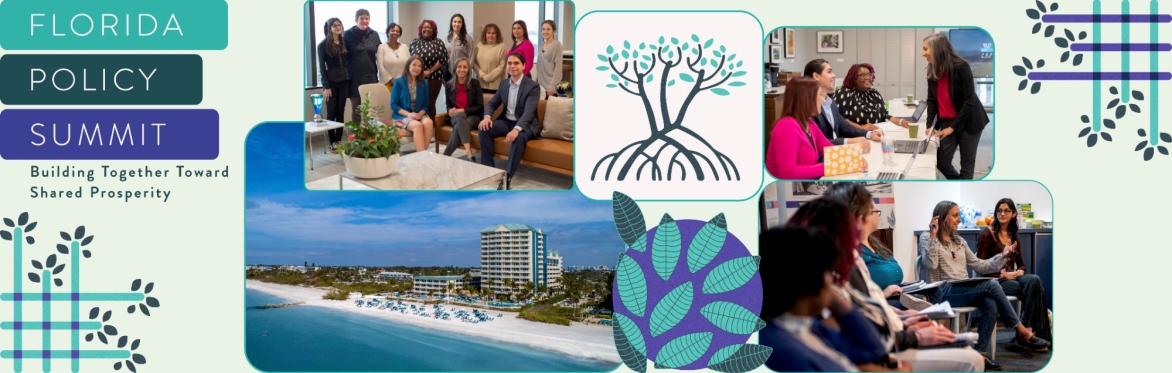 banner with Florida Policy Summit logo, images of FPI staff, beach resort photo, other decorate elements