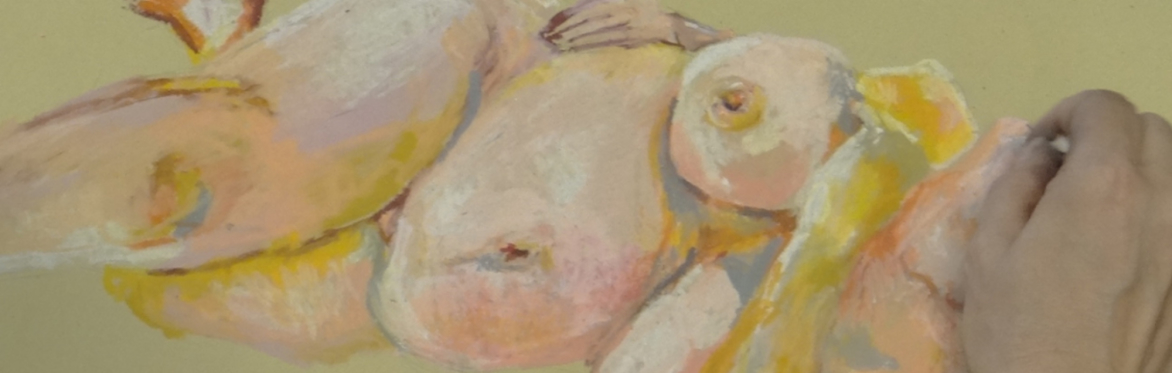 Life drawing sketch of a reclining nude woman in yellow and pink pastels on yellow paper