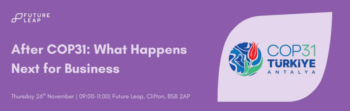 Purple event graphic promoting a business discussion on the outcomes of COP31, featuring the COP31 Türkiye Antalya logo.