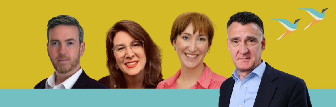 Malachai O'Hara, Karyn Harty, Una O'Neill and Mark Hennessey on a yellow background with bird icons behind them which are used as part of the ARINS branding, with a blue stripe across the bottom