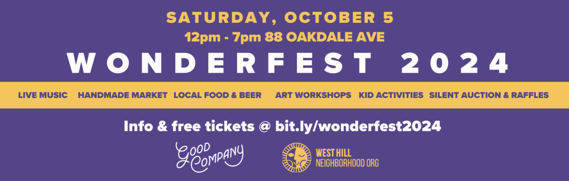 Purple and yellow smiling sun surrounded by "Wonderfest" and "West Hill" Text: Saturday, October 5 12pm-7pm 88 Oakdale Ave