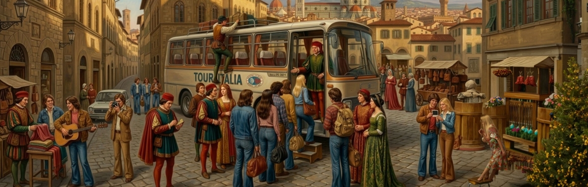 Classmates board a private coach in Florence for a reunion day trip to Siena and San Gimignano, recalling the student field trips of 1976.