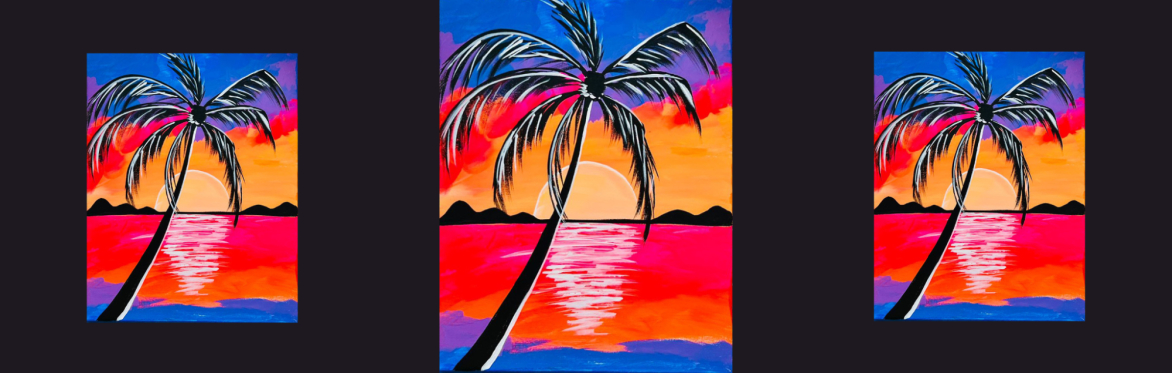 3 repeats of same image of a silhouetted palm tree sways against a vibrant sunset sky, with glowing reflections dancing across the water to create a tropical paradise scene.