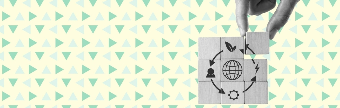 Black and white cutout image of a hand picking out a cube from a block of cubes illustrating the circular economy, on a colourful patterned background