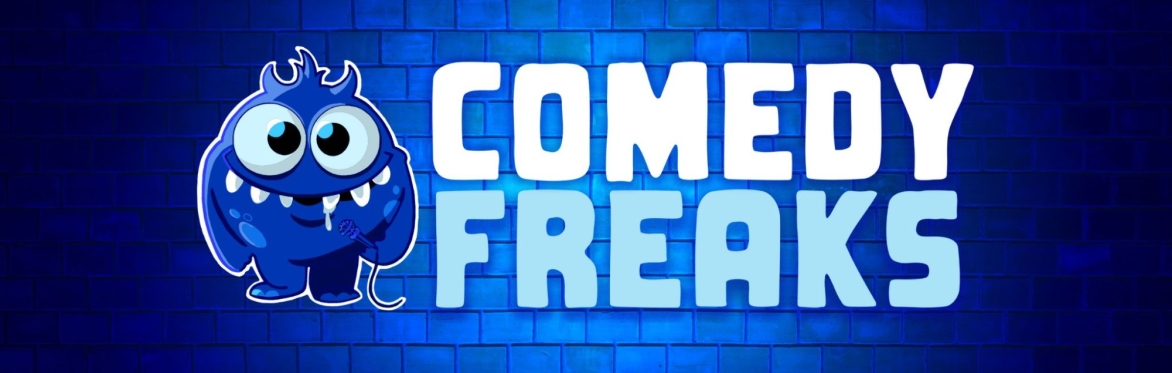 Stand-up comedy tickets banner: friendly blue furry monster with googly eyes and playful smile left of bold gradient blue-to-white 'Comedy Freaks' text against a deep blue backdrop.