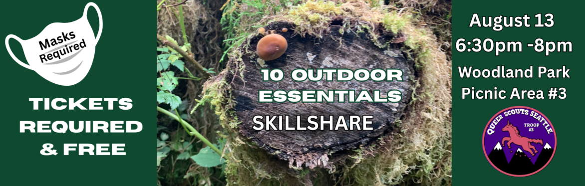 Text in event description. Green background with a photo in center of a mossy stump with a mushroom growing on it. Queer Scouts logo in bottom right and mask in upper left.
