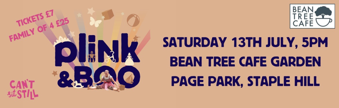 A brown background. "Plink & Boo" in large dark blue letters, surrounded by playful figures and stickers, with rainbow streaks in the background. Event information on the right in large letters.