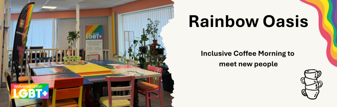 An image showing the event venue, with brightly decorated tables and chairs in the pride colours. There are a variety of plants in the background as well as banners representing the WLGBT+ charity.