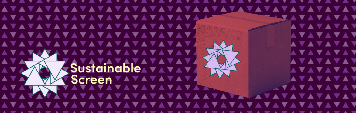A cardboard box against a purple triangle background with the Sustainable Screen logo in the lower left hand corner
