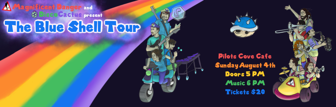 Title Text: Magnificent Danger and DiscoCactus present The Blue Shell Tour, with support from Eight Foot Manchild. Image description: There are two go-karts with several musicians playing instruments.