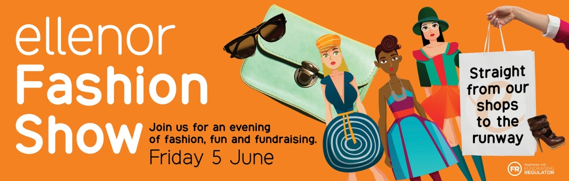 ellenor fashion show poster. People dressed up, shopping bags, accessories