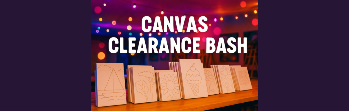 3 repeats of same image of stacks of brown wood canvases set against a sparkling light-filled background, giving a festive and creative feel to the event.