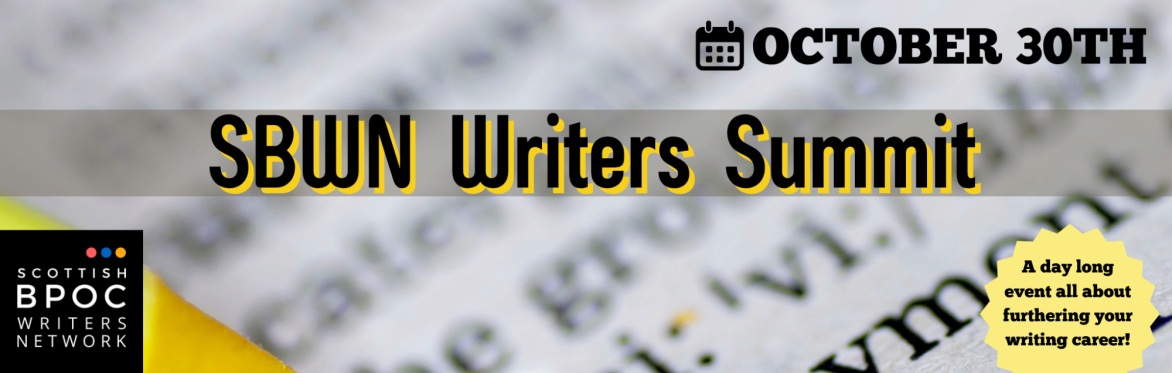 Banner for the SBWN Writers Summit on October 30th; featuring a close-up image of a cv as a background, and the SBWN logo on the bottom left. The title reads: SBWN Writers Summit; A day long event all