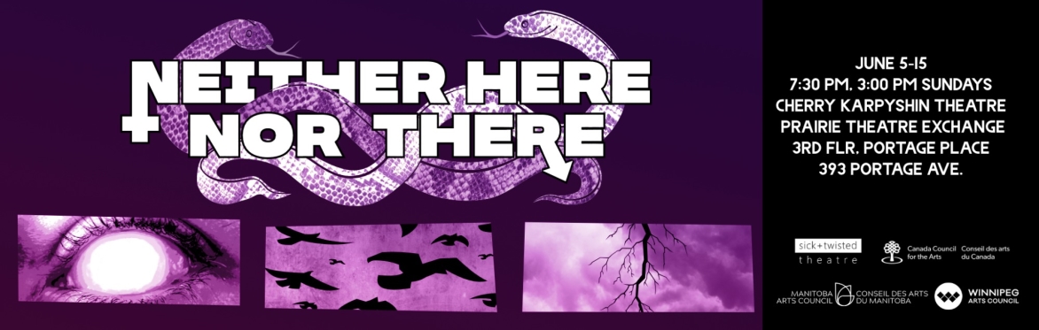 Two snakes entwined behind the words Neither Here Nor There. Below are three images rendered in purple and black: lightening in front of roiling clouds, an eye with no iris, black birds flying.