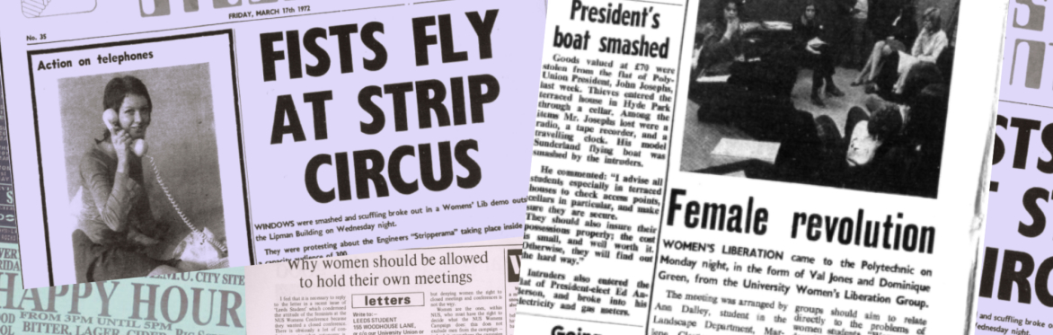 A collage of black and white, purple, and green coloured student newspapers from the 1970s and 80s, with cut outs of articles on women's liberation