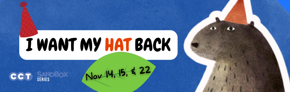 Text that reads: "I Want My Hat Back" with an illustration of a whimsical woodland hat resting on a friendly animal.