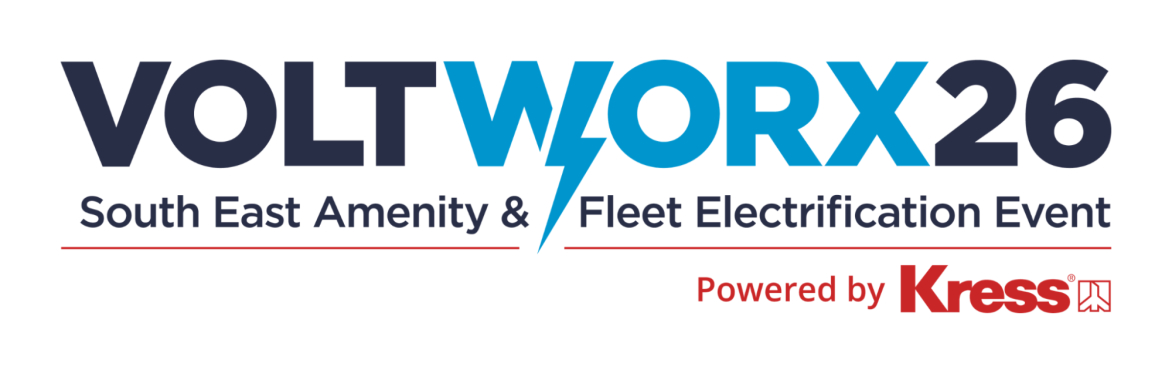 VoltWorx logo in black and blue font, with the wording "South East Amenity & Fleet Electrification Event Powered by Kress"
