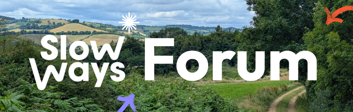 Slow Ways logo and the Forums event title against an image of a dirt track going through lush rolling hills.