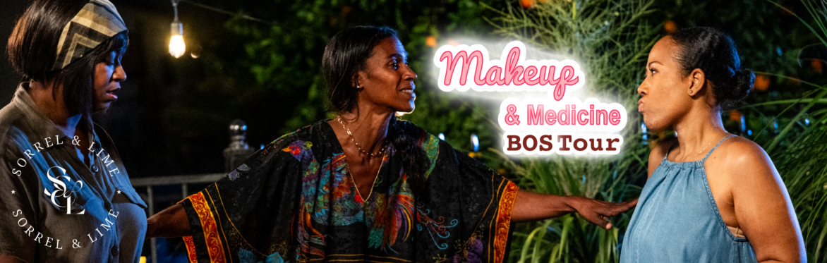 Wide cinematic shot of three Black women engaged in conversation at an outdoor evening gathering, with the "Makeup & Medicine BOS Tour" logo in pink and white typography centered over the scene.