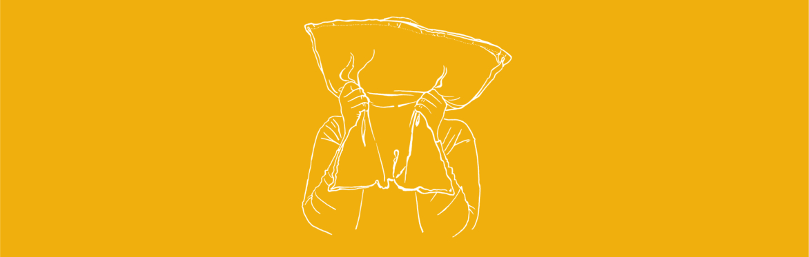 White pencil illustration of a person burying their face in a clutched pillow