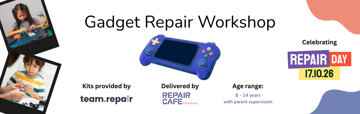 Gadget Repair Workshop with picture of console and children repairing