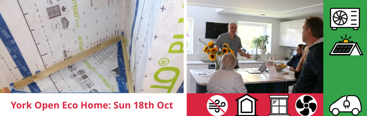 composite image:  view of a sloping ceiling with an airtightness membrane, host talking to some of last year's visitors in the kitchen, and the event title with icons for installed measures