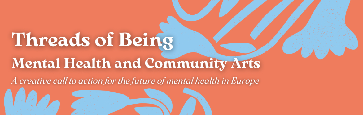 Orange background with light blue stylised flowers and the words "Art Culture Mental Health" in white.