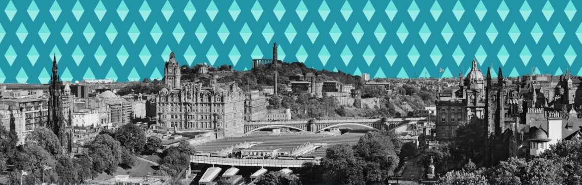 Black and white cityscape of Edinburgh on a blue patterned background