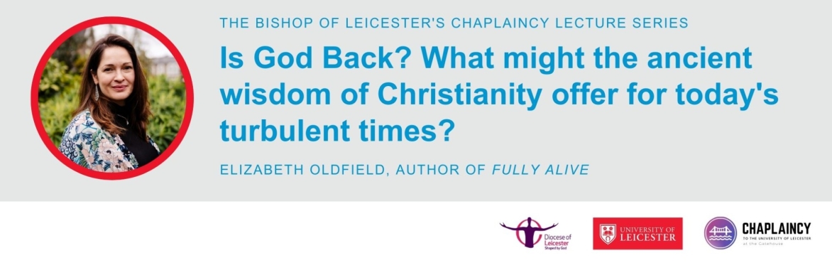 Elizabeth Oldfield with the title of her lecture: Is God Back?