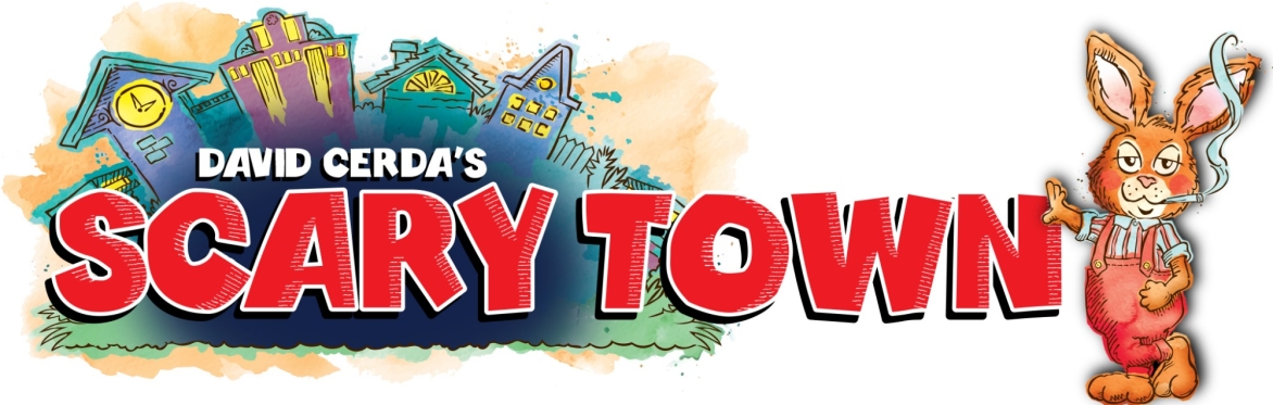 Scary Town title with buildings and a bunny on the right smoking a cigarette
