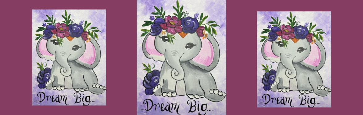 3 repeats of same image of a cute elephant with colorful flowers on its head stands sweetly above the words “Dream Big,” inspiring joy and imagination.